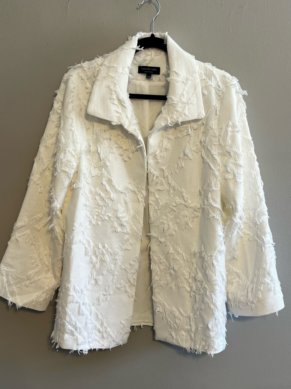 Joeffer Caoc White Shag Textured Fringe Long Blazer Jacket | Women’s Medium